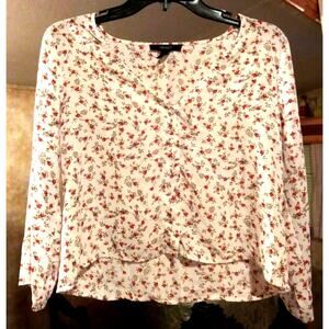 Forever 21 Women's Long Sleeve Small Crop Top White with Petite Baby Roses